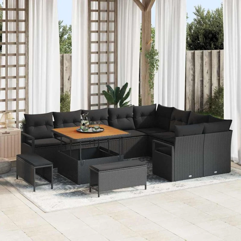 vidaXL Havesofa Sæt 12 stk Sort Polyrattan, Stål & Akacietræ