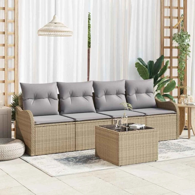 vidaXL Havesofa Sæt 5 pcs Beige og Grå Polyrattan, Stål og Glas