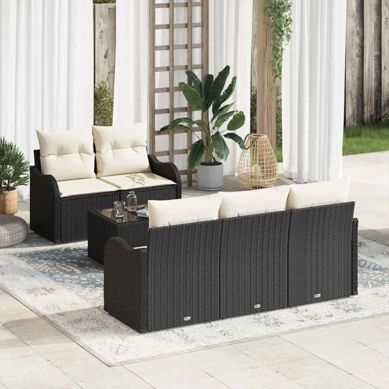 vidaXL Havesofa Sæt 6 pc Sort og Cream Polyrattan, Stål og Glas
