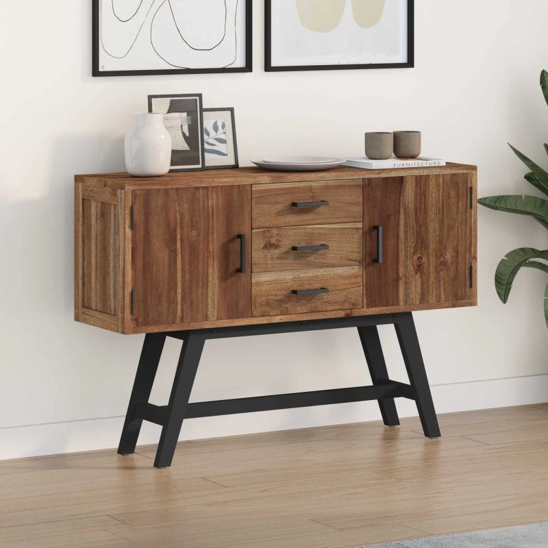 vidaXL TV-bord med skuffe, Naturfarvet, 110 x 30 x 75 cm, massiv teaktræ