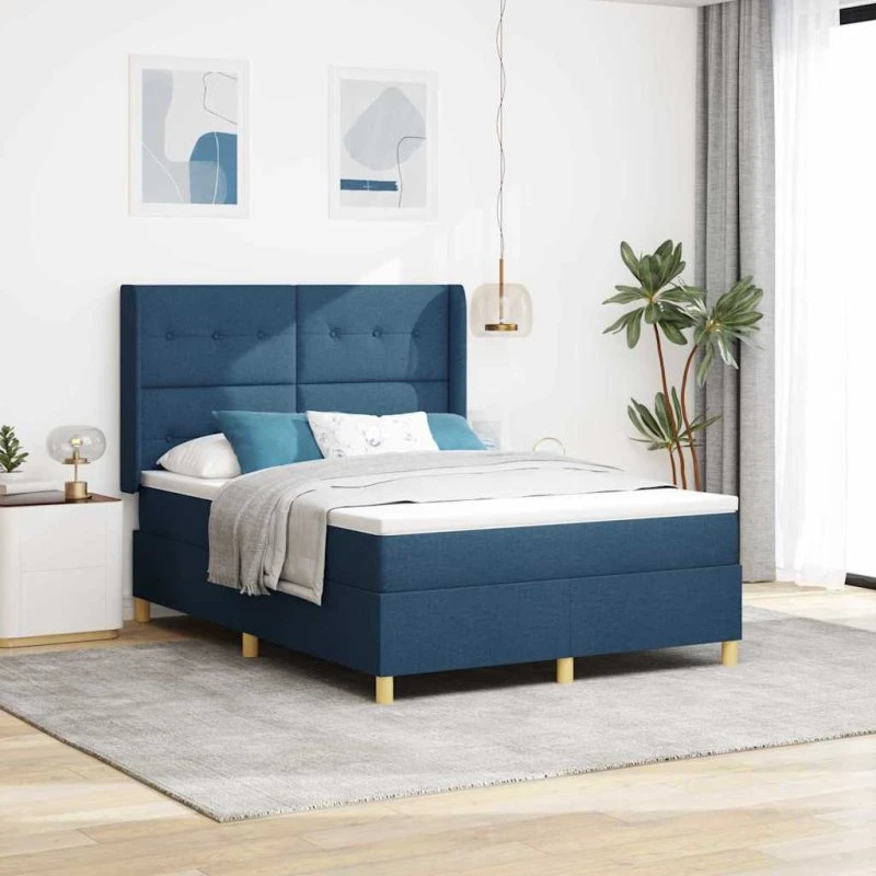 vidaXL Box spring seng med madras og hovedgærde, blå, 140 x 190 cm