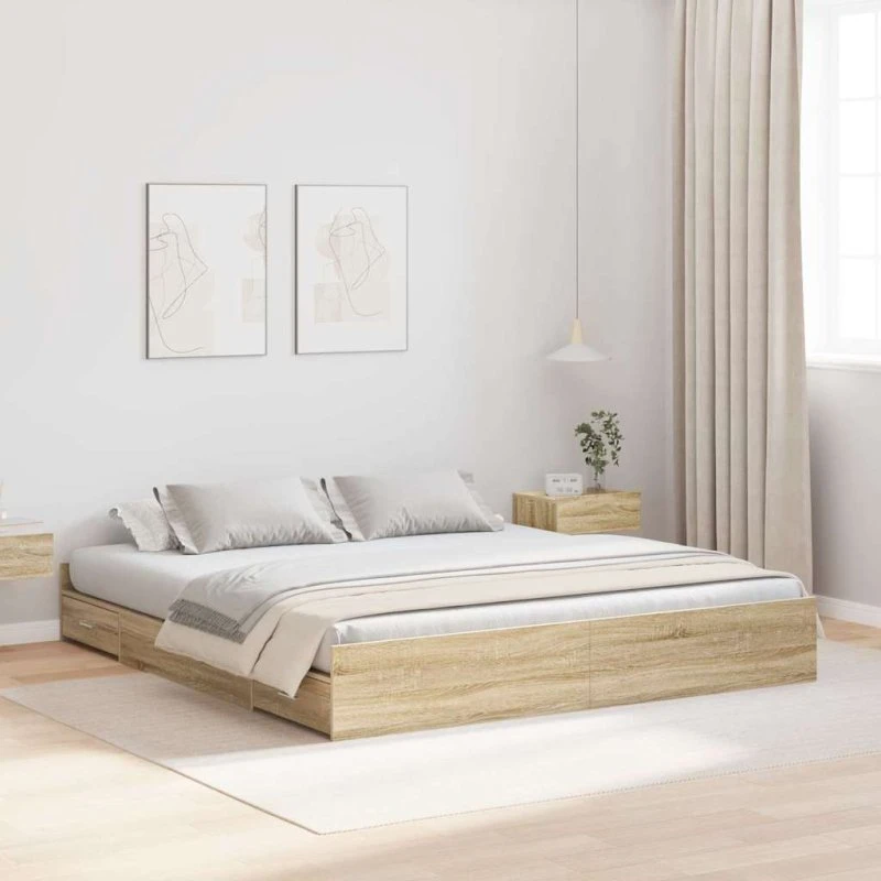 vidaXL Seng med opbevaring Sonoma-eg 180 x 200 cm Konstrueret træ