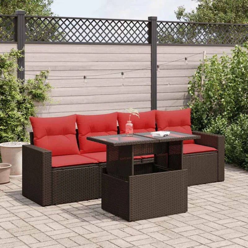 vidaXL 5-delssofasæt polyrattan brun med hynder