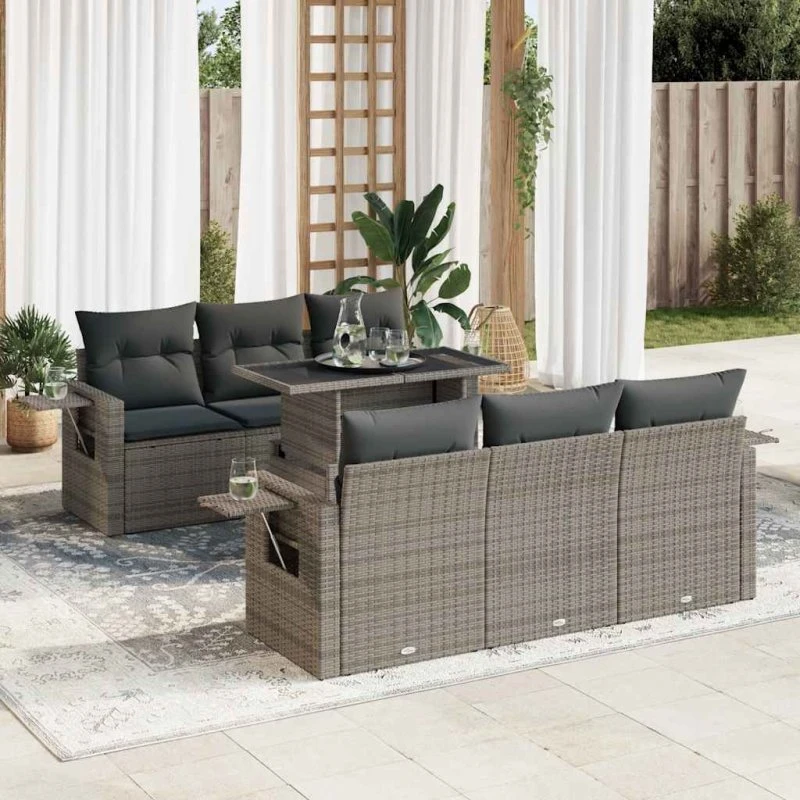 vidaXL 7-deles havesofasæt med hynder i polyrattan grå