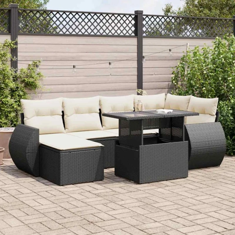 vidaXL 7-delssofasæt med hynder, polyrattan sort