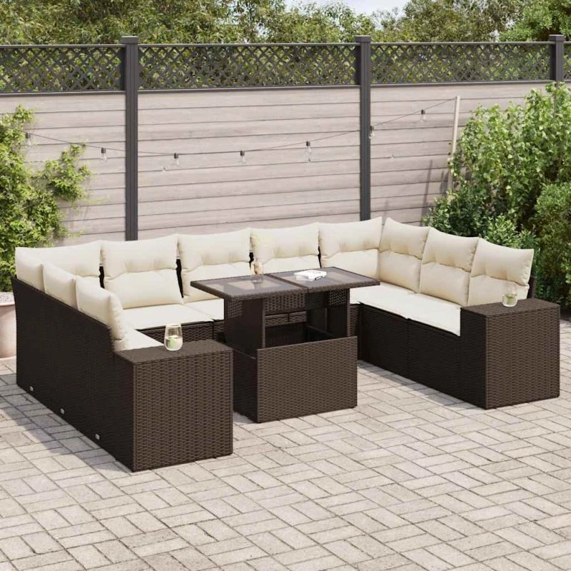 vidaXL 10-delssofasæt med hynder polyrattan brun