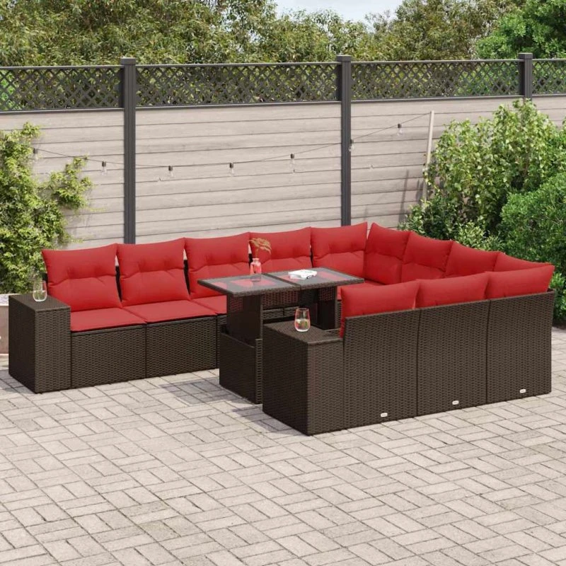 vidaXL 11-deles sofasæt med hynder i polyrattan og akacietræ, brun