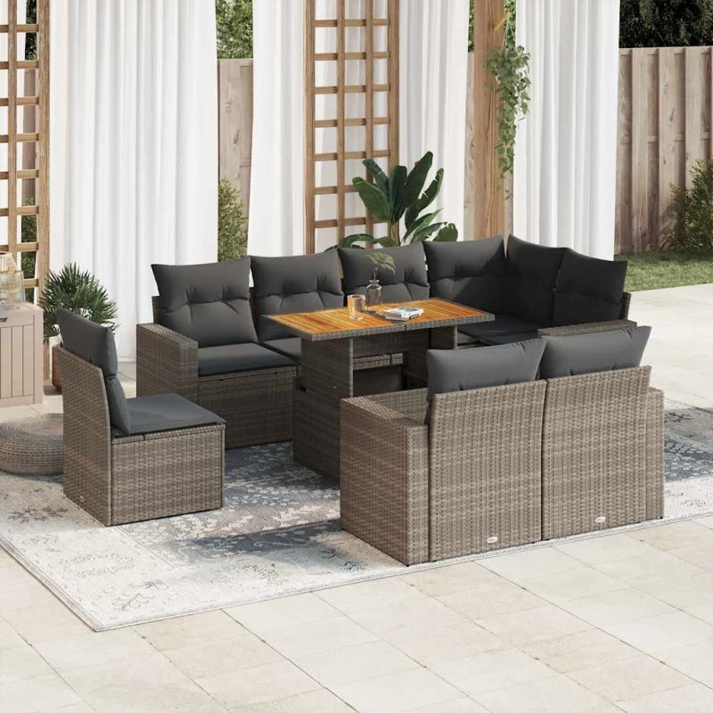 vidaXL 9-delssofasæt med hynder i polyrattan grå