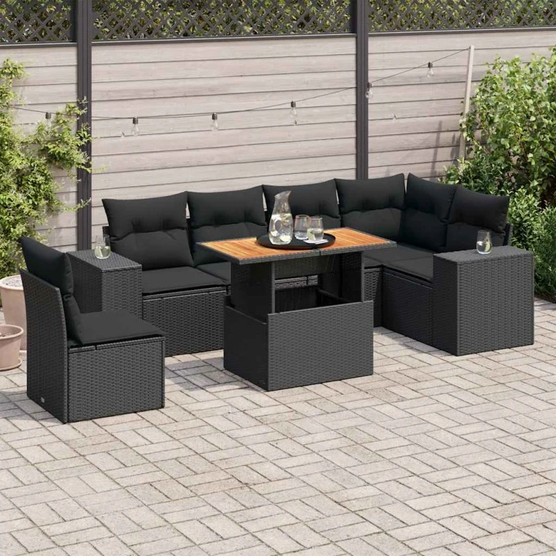 vidaXL 7-delssofasæt med hynder, polyrattan, sort
