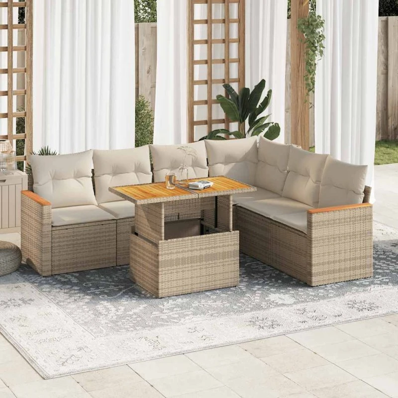 vidaXL 7-delssofasæt med hynder, polyrattan, akacietræ, beige