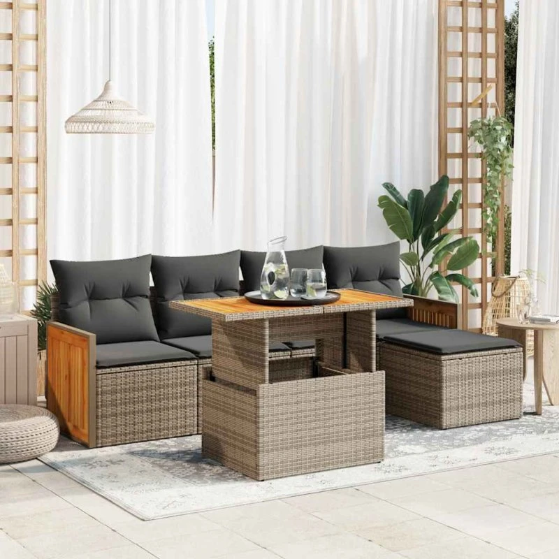 vidaXL 6-delssofasæt med hynder, polyrattan, grå, akacietræ