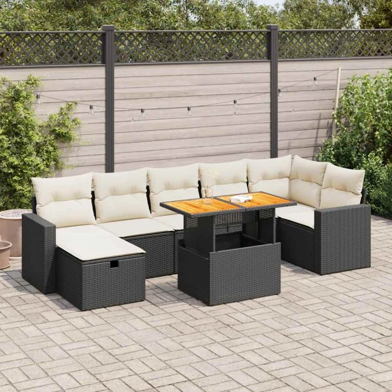 vidaXL 5-delssofasæt med hynder, polyrattan, sort, akacietræ