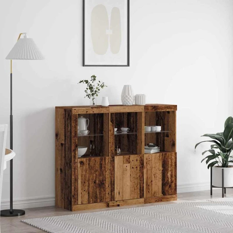vidaXL LED Sideboard 3-del, Gammelt Træ, 123 x 37 x 100 cm