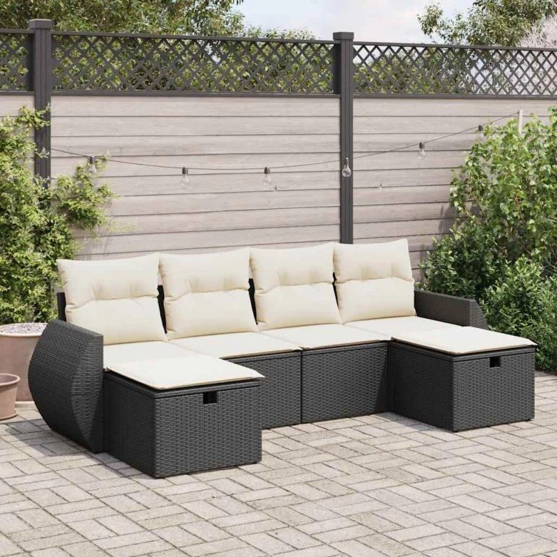 vidaXL 6-delssofasæt med hynder, polyrattan sort