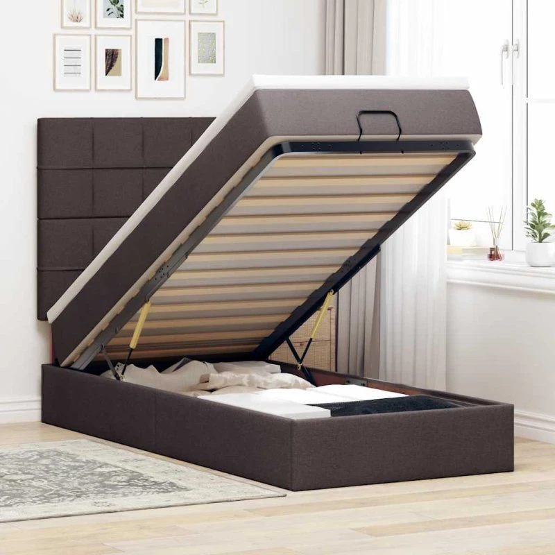 vidaXL ottoman seng 90x200 cm mørkebrun med madras & LEDs