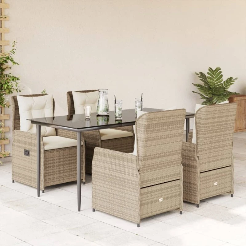 vidaXL 5-deligt spisebordssæt med hynder i polyrattan beige