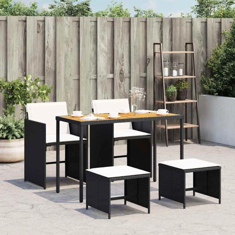 vidaXL 5-deligt spisebordssæt med hynder, polyrattan sort