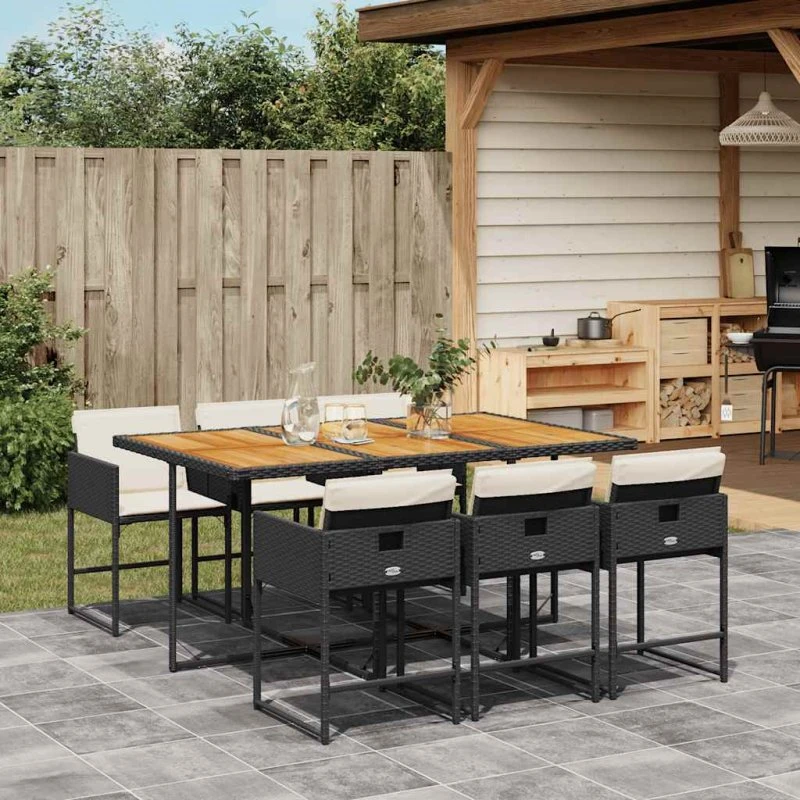vidaXL 7-deligt spisebordssæt med hynder, polyrattan sort