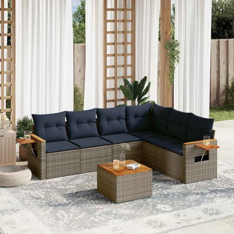 vidaXL 7-delsofasæt med hynder i polyrattan grå