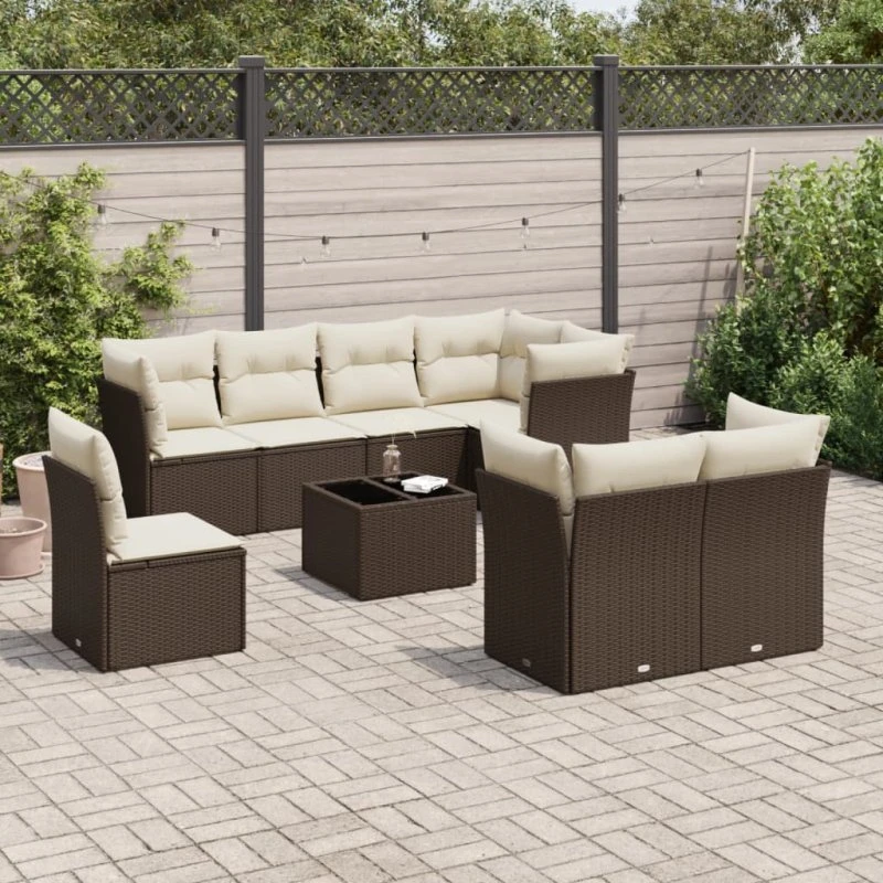 vidaXL 9-delssofasæt med hynder, polyrattan brun