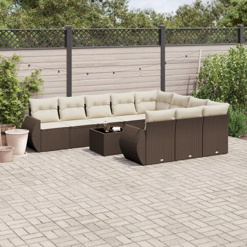 vidaXL 11-delssæt polyrattan brun med hynder og bord