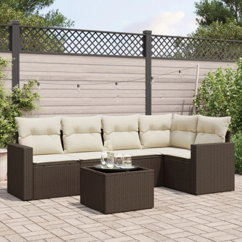 vidaXL 6-delssofasæt med hynder polyrattan brun