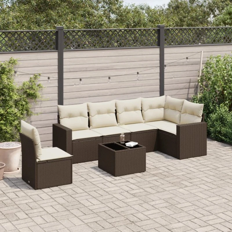 vidaXL 7-delssofasæt med hynder i polyrattan brun
