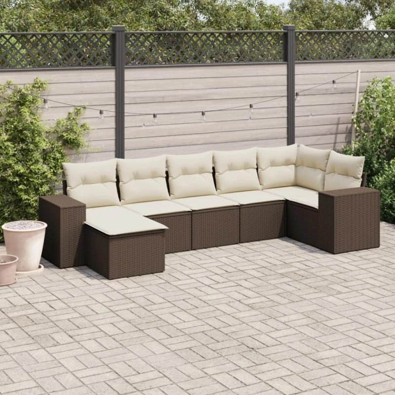 vidaXL 7-deles havesofasæt med hynder i polyrattan brun