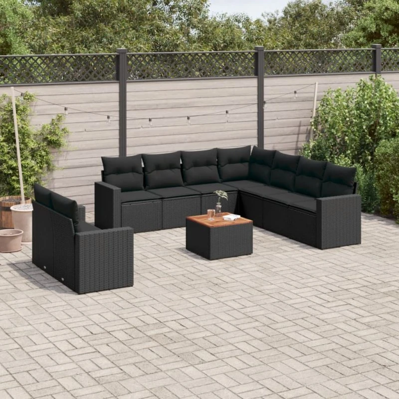 vidaXL 10-delssofasæt med hynder i polyrattan sort