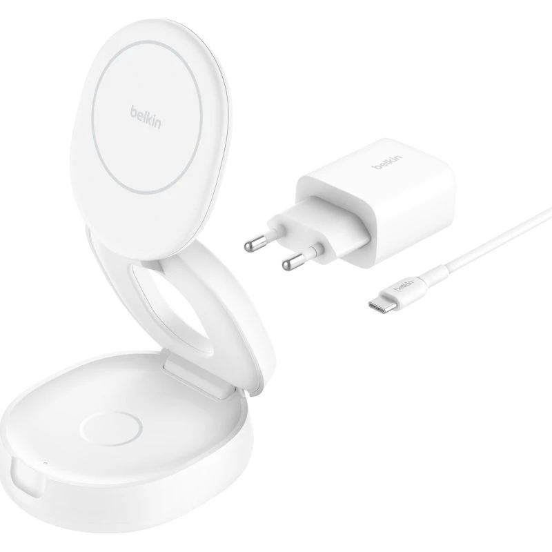 Belkin BoostCharge Qi2 Magnetisk Foldbar 2-in-1 Oplader, 15W, Hvid