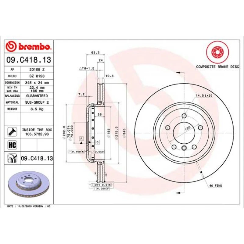 Brembo Bremseskive 09.C418.13 til BMW 5, 6, 6 Convertible