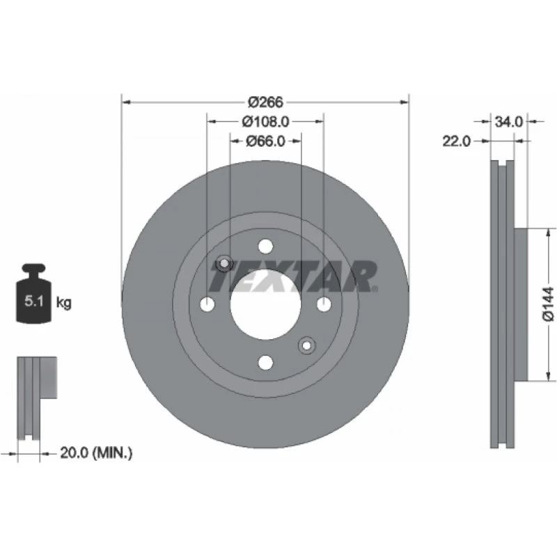 TEXTAR Bremseskive 92111503, 266 mm, ventileret, til OPEL, FIAT, PEUGEOT
