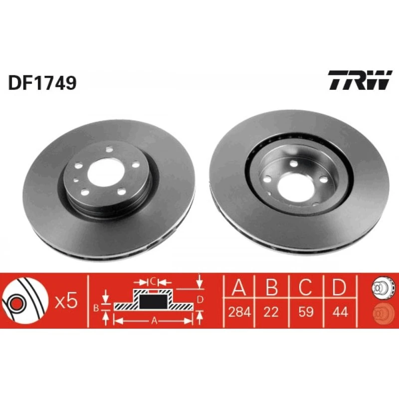 TRW Bremseskive DF1749, ventileret, sort, 284 mm, til OPEL, FIAT, ALFA ROMEO