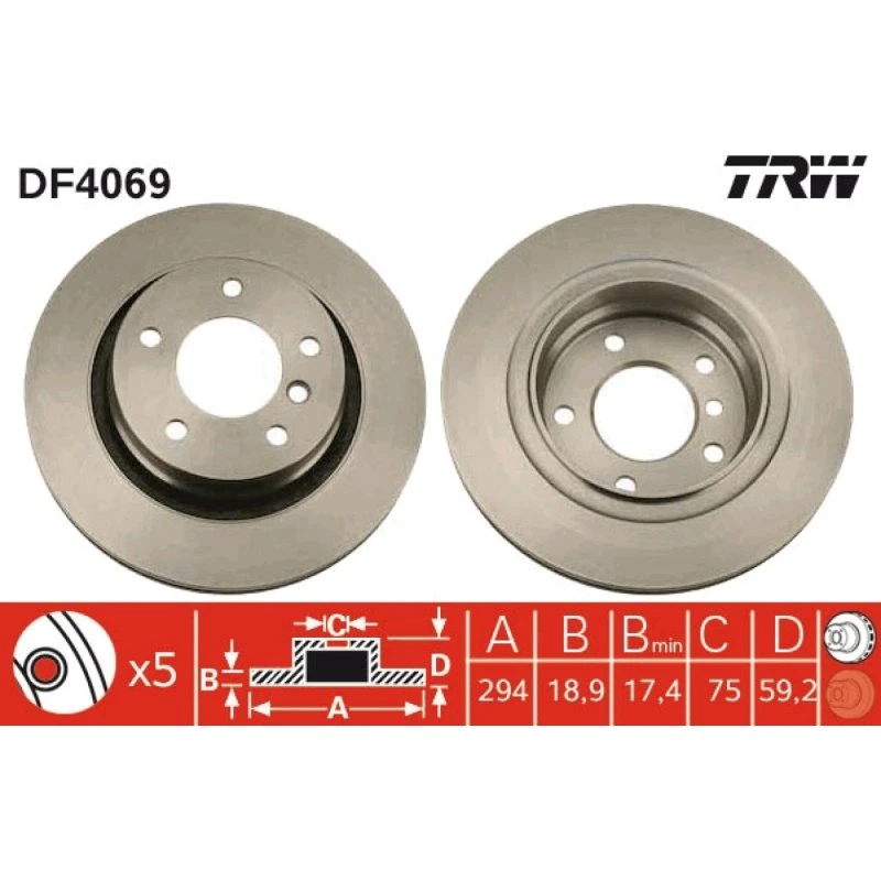 TRW Bremseskive DF4069, ventileret, sort, 294 mm, til BMW 3-serie
