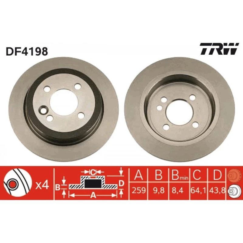TRW Bremseskive DF4198, 259 mm, sort, lakeret, til MINI