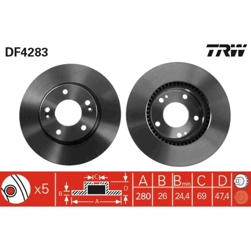 TRW Bremseskive DF4283, ventileret, sort, 280 mm, til Hyundai KIA