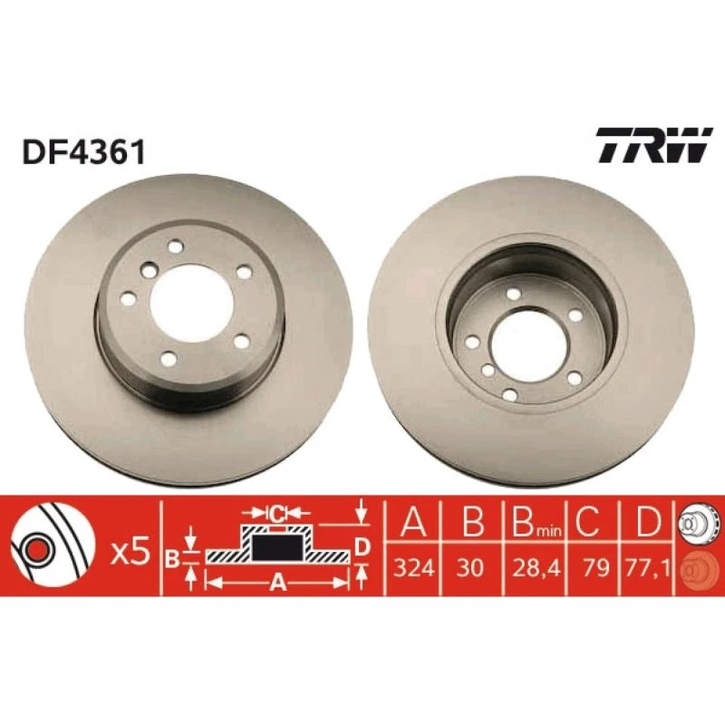 TRW Bremseskive DF4361, ventileret, sort, 324 mm, til BMW 5, 6