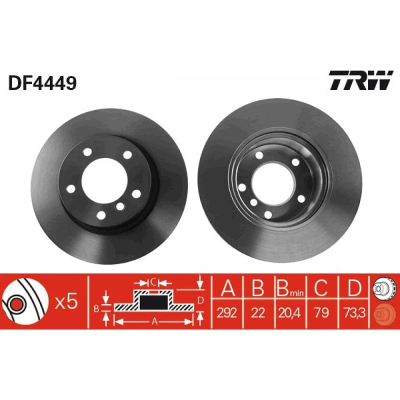 TRW Bremseskive DF4449 292mm ventileret, sort, 5-hul