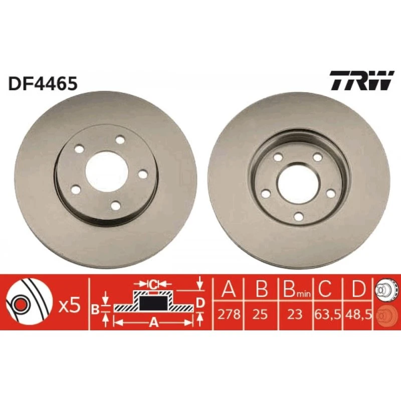 TRW Bremseskive DF4465, ventileret, 25 mm tyk, sort, til Ford & Volvo