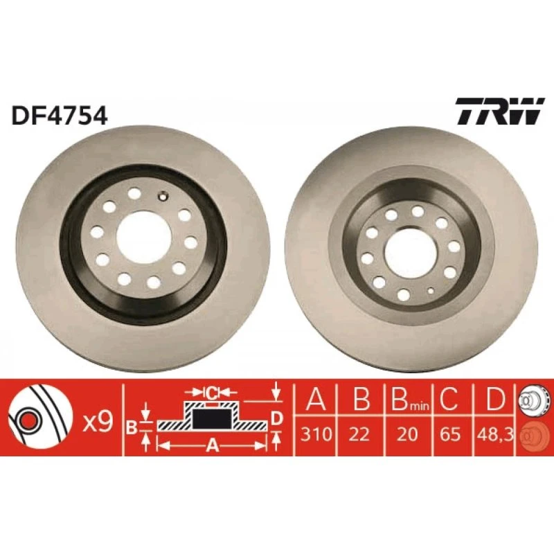 TRW Bremseskive DF4754, ventileret, sort, 310 mm, til VW, Audi, Skoda