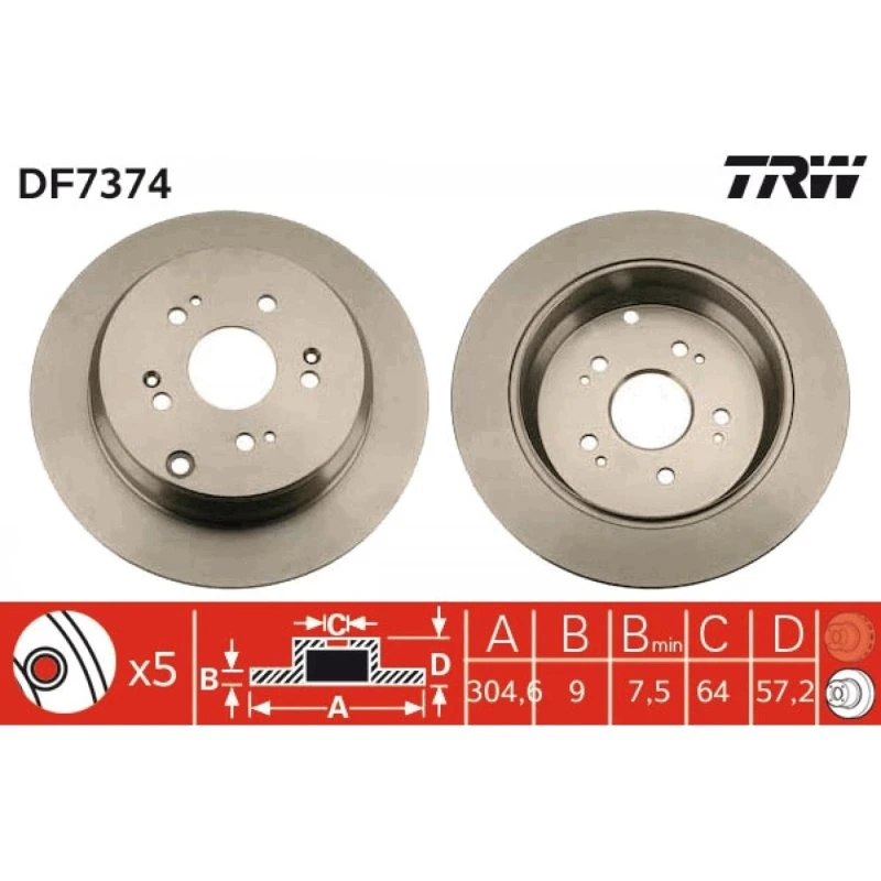 TRW Bremseskive DF7374, 305 mm, sort, lakeret, til Honda CR-V II-IV