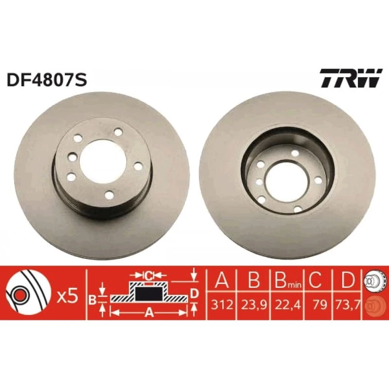 TRW Bremseskive DF4807S, 312 mm, ventileret, sort, til BMW