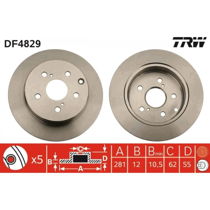 TRW Bremseskive DF4829, 281 mm, sort, lakeret, til TOYOTA RAV 4 III/IV, Mark X Zio I