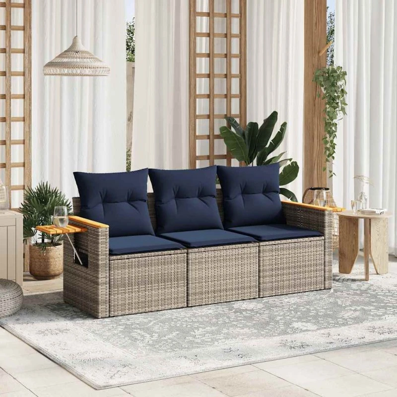 vidaXL Havesofasæt 3 dele grå polyrattan med hynder