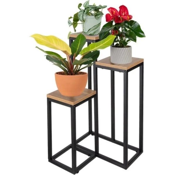 Blomsterstativ 3 niveauer, metal/MDF, 67 cm, sort