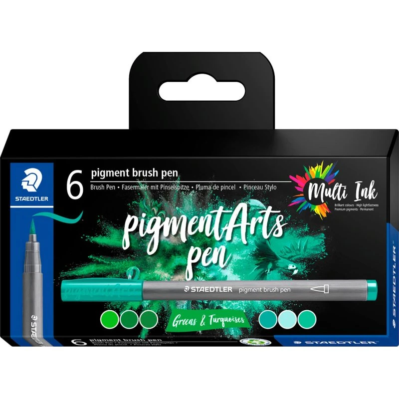 Staedtler Pigment Arts Brush Pen Grøn & Turquoise 6 stk