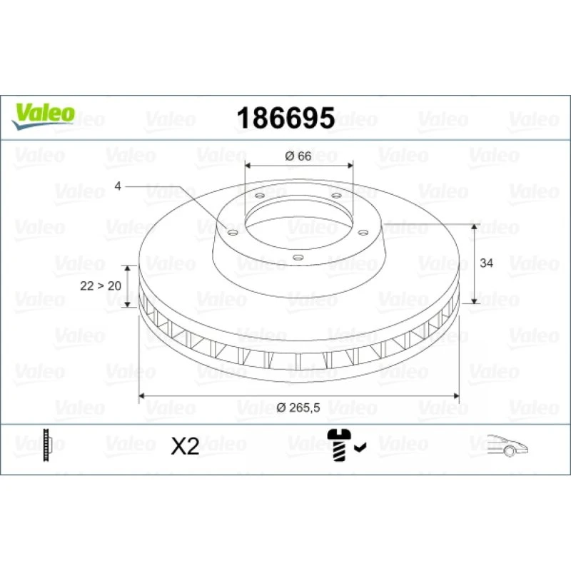 VALEO Bremseskive 186695, ventileret, 266 mm, til OPEL, PEUGEOT, CITROËN