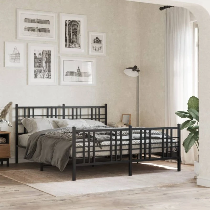 vidaXL Sengeramme 150x200 cm Metal Sort med Sengegavl og Fodgærde
