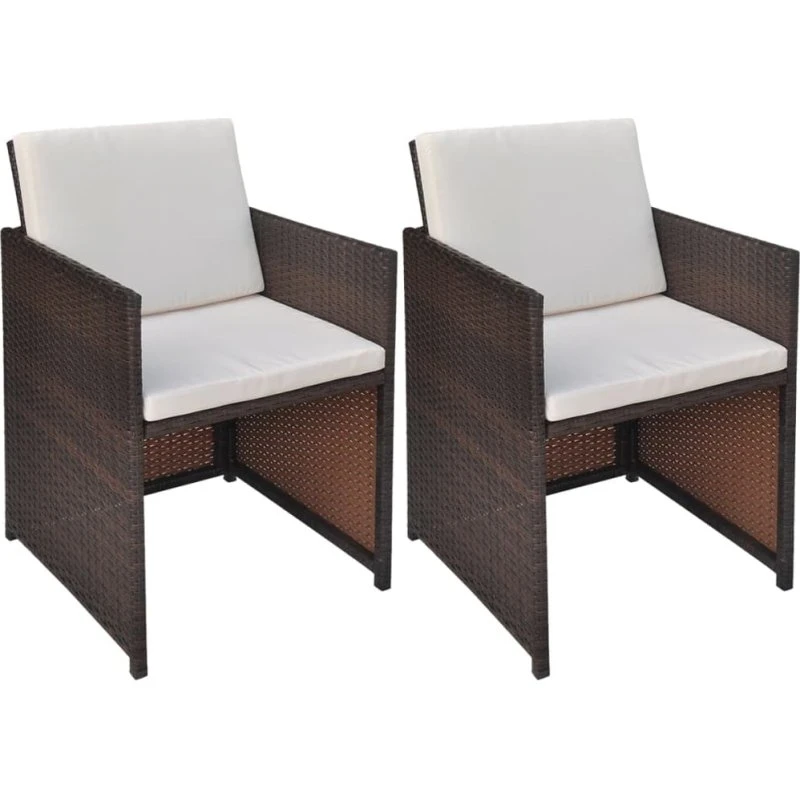 vidaXL Havestole 2 stk. med hynder og puder, polyrattan brun