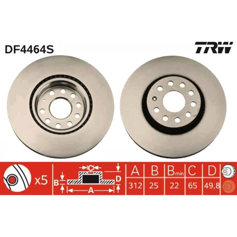 TRW Bremseskive DF4464S, ventileret, sort, 312 mm, til VW, Audi, Skoda
